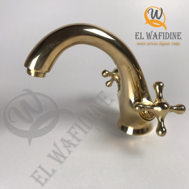 Bathroom Sink Vanity Faucet with a Single Hole in Unlacquered Brass and Simple Cross Handles I