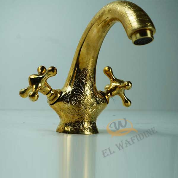 engraved Brass Faucet with Cross Handles, Unlacquered Brass