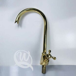 Gooseneck kitchen faucet in uncoated brass with single cross knobs for cold water